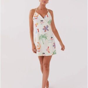 Peppermayo White Mini Sundress with Multicolor Tropic Print